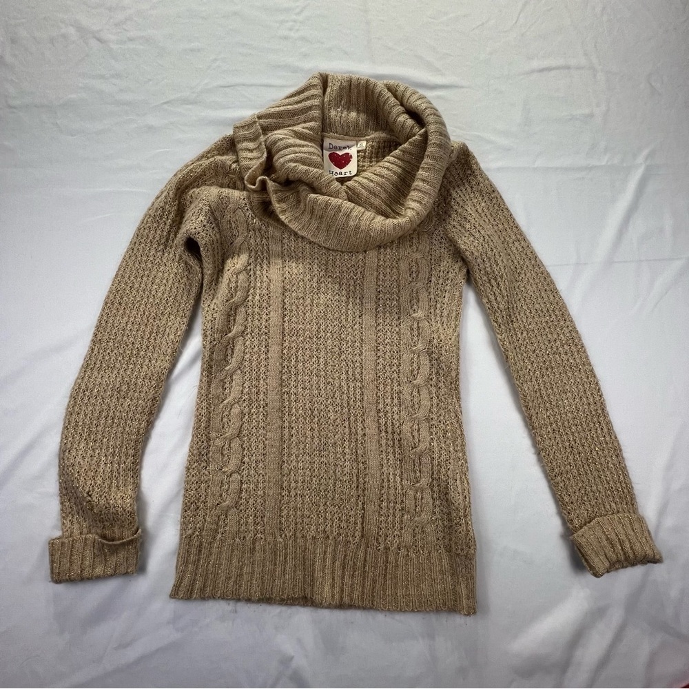 Derek Heart - Women’s Cowl Neck Sweater - Sweater - Tan with gold yarn accents